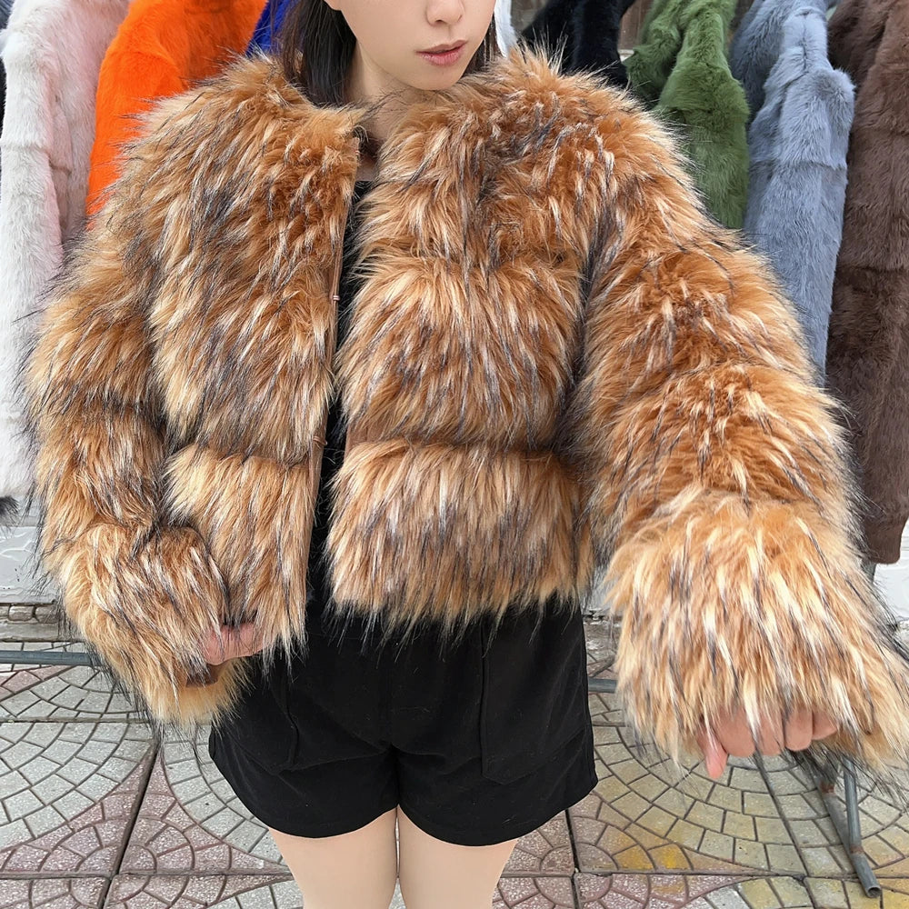 Faux Fur Coat Women's Jacket Winter Fashion Warm Thick Fox Raccoon Leather Brown Plus Size Especially Fake Fur Cold Coat 5