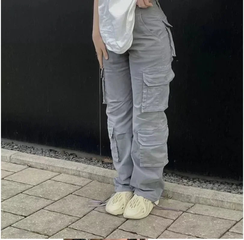 Autumn/Winter New Womens Cargo Straight Trousers High Waist Loose Wide Leg Vintage Dad Jeans for Women 6