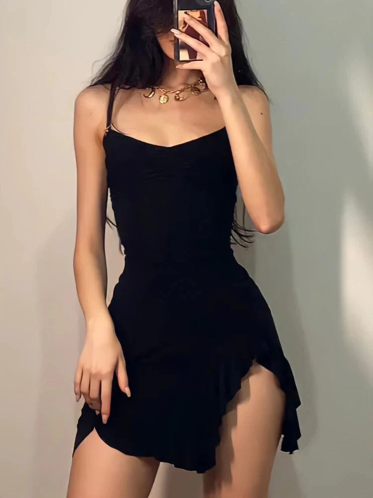 Women Sexy Side Slit Ruffled Mini Dress Sleeveless Spaghetti Strap Dress for Parties and Clubs Solid Pull Cord Separate Dress 4