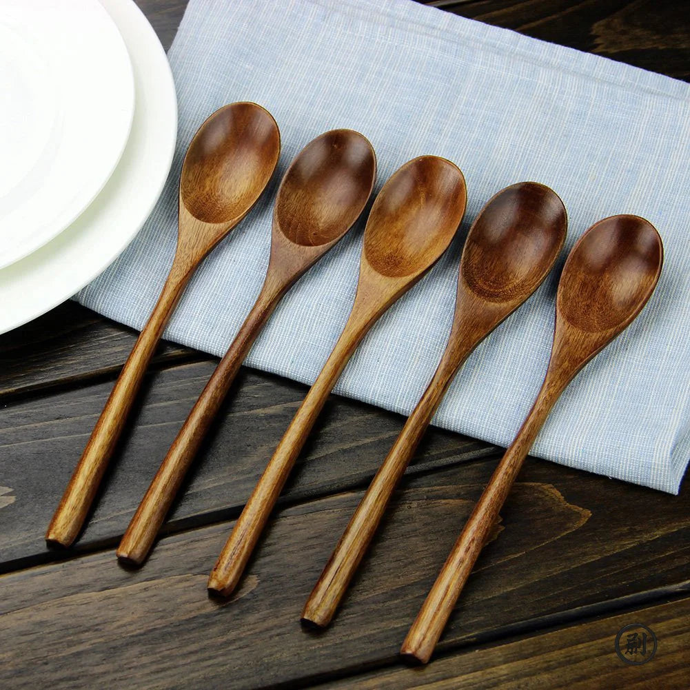 5 Pieces Wooden Spoon Soup Spoon and Fork Tableware Natural Ellipse Ladle Spoon Set Eco Friendly Products Spoons for Cooking 3