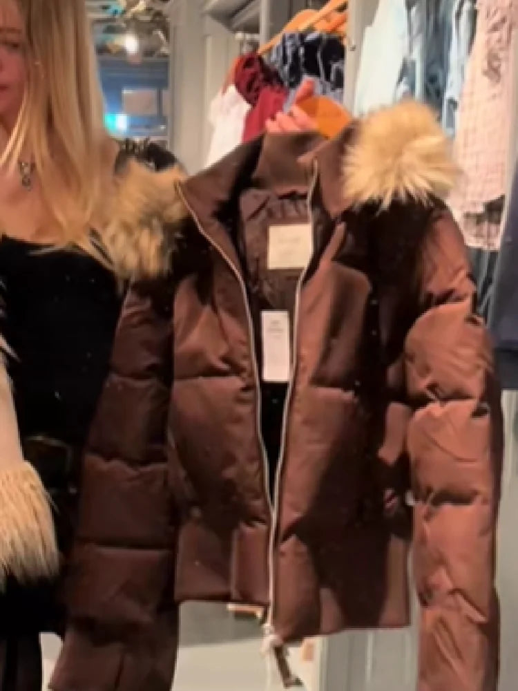 Full Winter Faux Fur Collar Hooded Jacket For Women Slim Waist Solid Crop Warm Padded Coat 2025 High Street New Lady Outwears 5