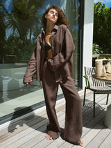 Women's Casual Solid Cotton Linen Pant Sets Chic Laple Single Breasted Long Sleeve Shirt Elasticity Waist Pant New Two Piece Set 4