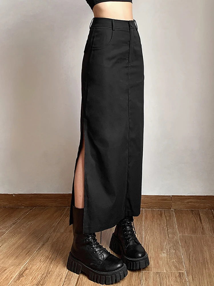 Goth Dark Grunge Casual Tag Split Women Midi Skirts Mall Gothic Punk High Raise Slim Long Skirt Y2k Sexy Fashion Streetwear 2023 2
