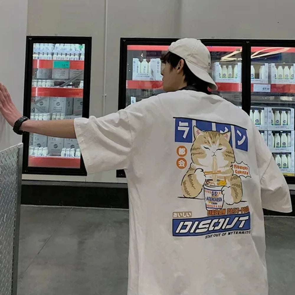 Harajuku Cat Cartoon Eating Noodles Graphic Men Women Tshirts Casual Short Sleeve Tees Japan Style Oversized T Shirt Clothing 5