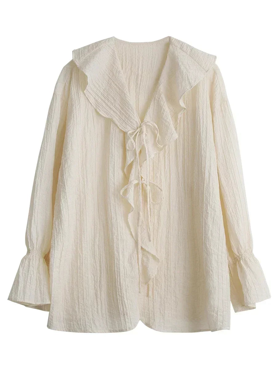 CHIC VEN Women Shirt Loose Casual Ruffled Edges Female Blouses V Neck Lace Up Mid Length Woman Shirts Spring Summer 2024 5