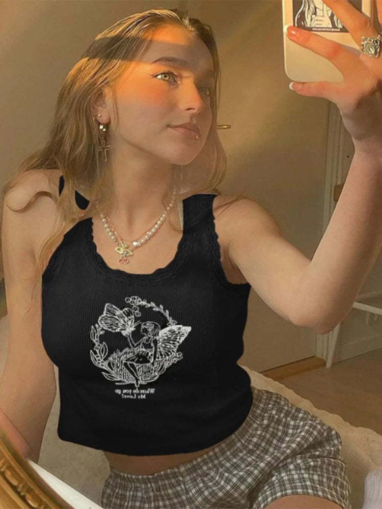 Cartoon Printed Lace Trim White Crop Top Fairy Grunge Summer Clothes for Women Cute Slim Fit Ribbed Tank Tops 7