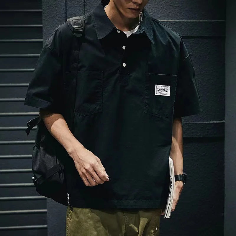 Korea American Casual Men's T-shirt Summer Tooling Style Short Sleeve New Pocket Shirt Collar Men's Clothing Loose Plus Size Top 4