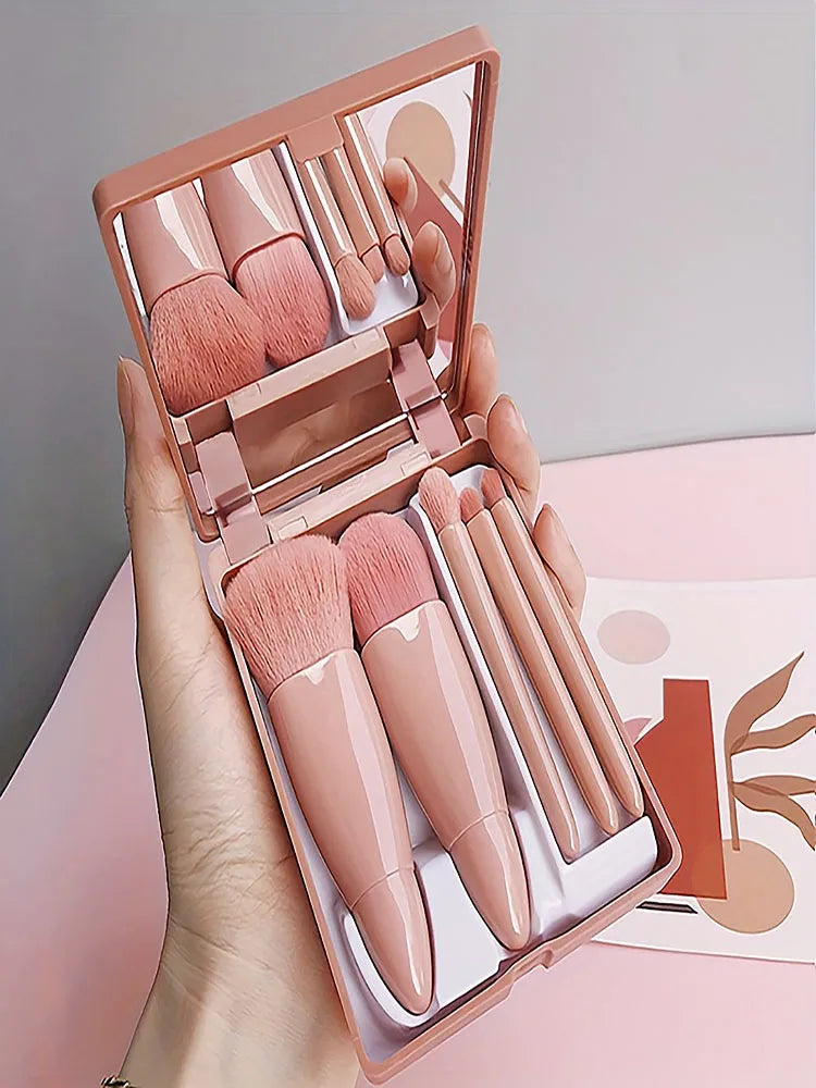 5Pcs Portable Makeup Brush Set With Mirror -  Foldable Travel Kit ，Mini Makeup Brush Set Travel Makeup Brush Set 5
