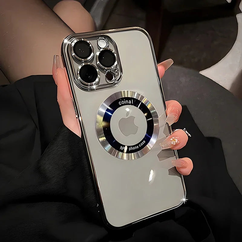 Luxury Plating Clear Logo Hole Case For iPhone 16 15 14 Plus 13 12 11 Pro Max For MagSafe Magnetic Wireless Charging Back Cover 6