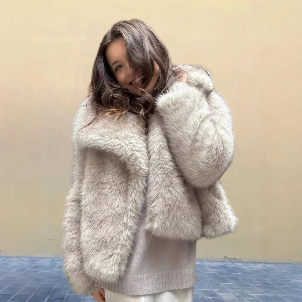 2025 Winter New Fashion Solid Color Fluffy Fur Coat Women High Street Luxury Big Fur Collar Faux Fox Fur Jacket Female Overcoats