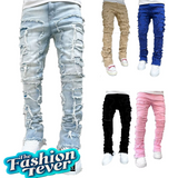 Men’s Ripped Stretch Denim Jeans | Slim Fit Patchwork & Elastic Waist | Straight Leg
