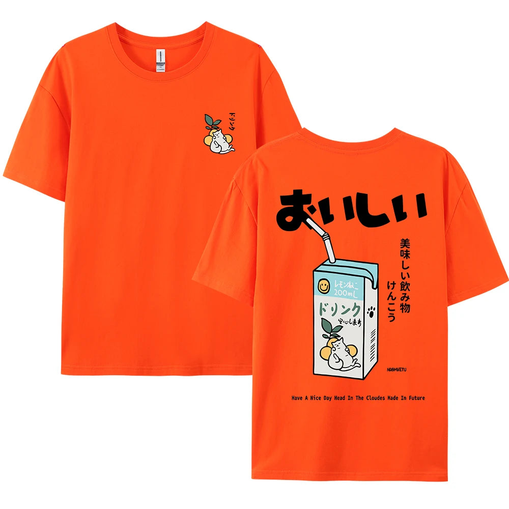 Cute Japanese Cat Print Oversized T-shirt men Women Short Sleeve Loose Casual Tee Shirt Streetwear Tops Cotton Harajuku Clothing
