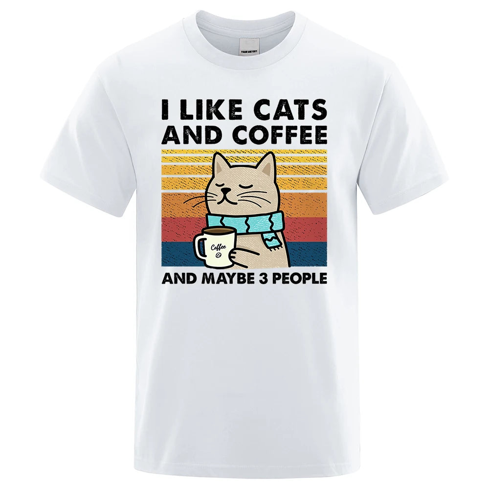 "I Like Cats and Coffee" Funny T-Shirt for Men | Casual Loose Fit Cotton Crewneck | Hip Hop Style 3