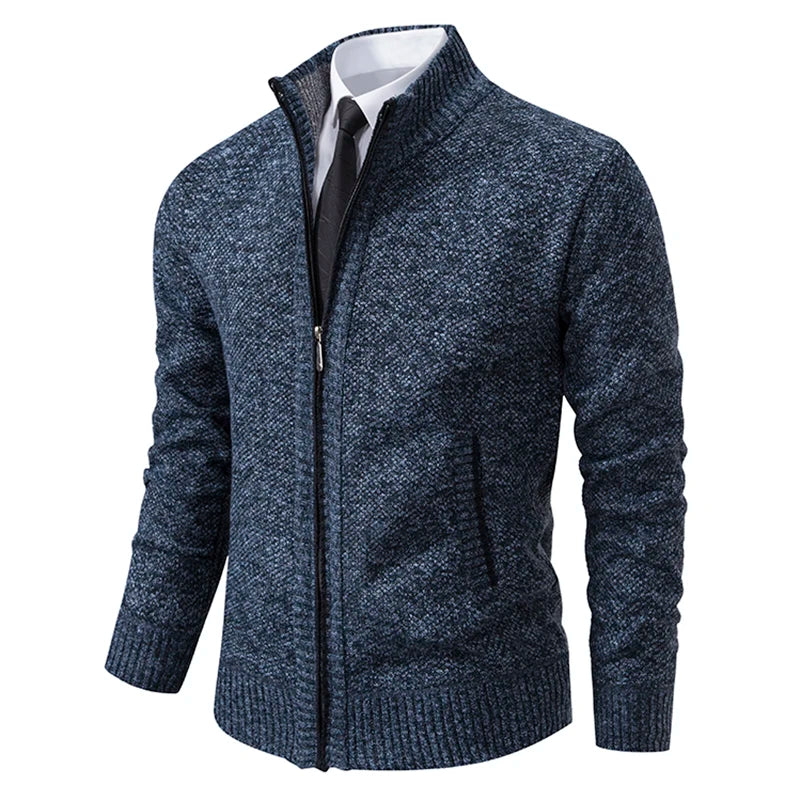 Autumn And Winter New Jersey Men's Casual Sports Coat Solid Color Stand Collar Wweater Grab Fleece Warm Zipper Cardigan 6
