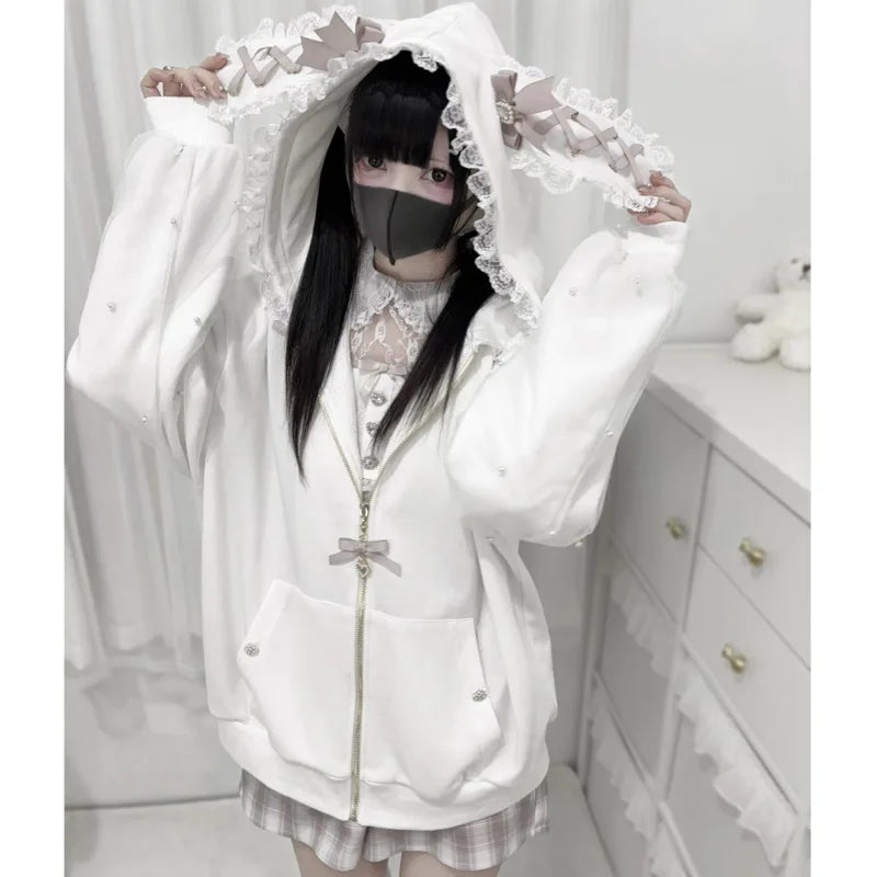 Bunny Hoodie Hoodies Y2K Rabbit Ear Hoodie Lolita Jacket Bow Girls Pearl JK Japan Lace Kawaii Zipper Cardigan Long Sleeved Top 3