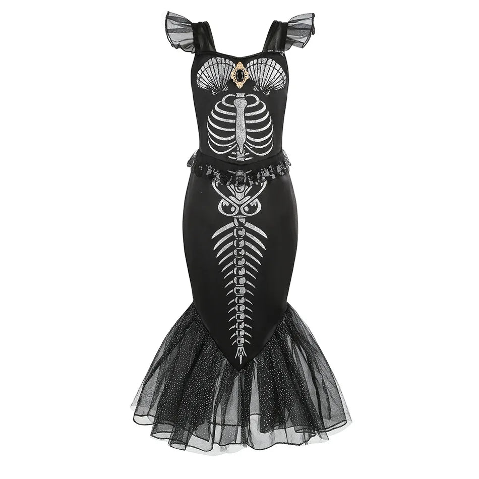 2025 Halloween Party Skeleton Mermaid Costume Girl Gothic Princess Ariel Dress Black Trumpet Frock Dead Siren Cosplay Apparel 2