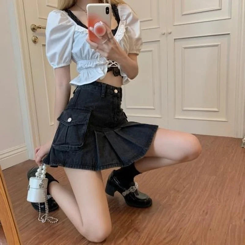 Skirts Women Summer High Waist Denim Mini Vintage Cargo Pockets Pleated Sexy Fashion Design Classy Cool Sweet College Streetwear 4