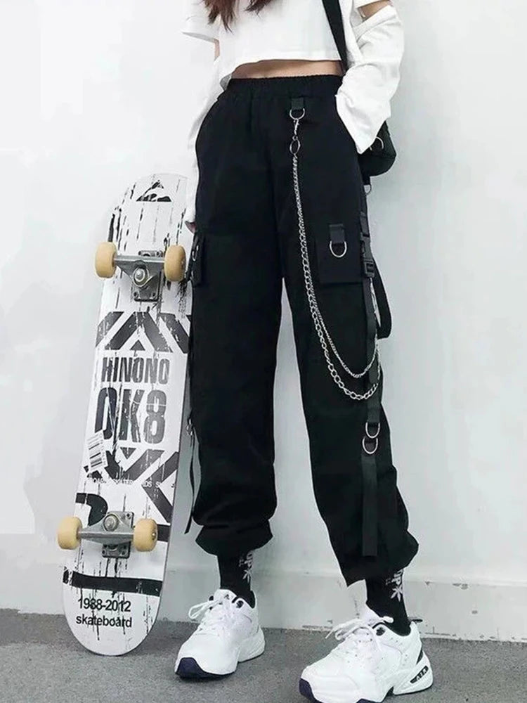 Women Cargo Pants  Harem Pants Fashion Punk Pockets Jogger Trousers With Chain Harajuku Elastics High Waist Streetwear 1