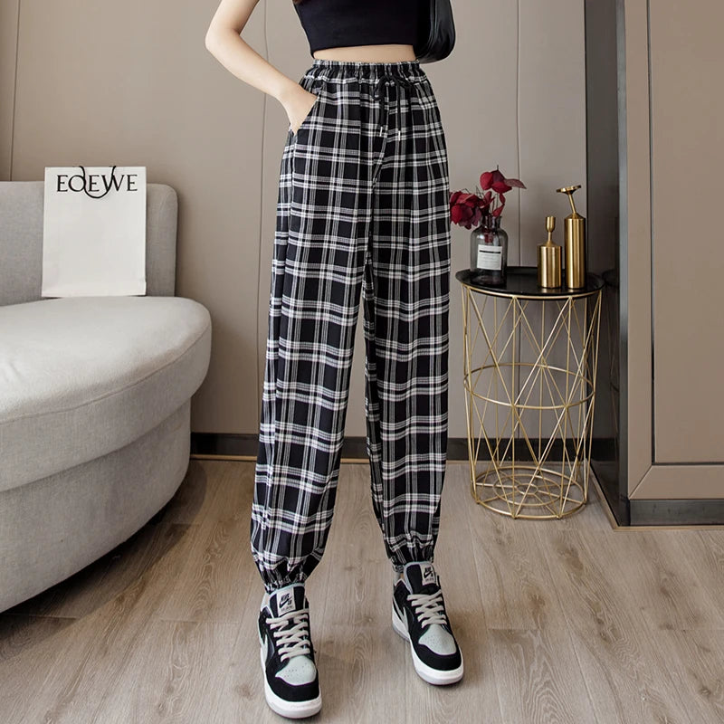 Pants Women New Bunch of feet Fashion Loose Black Plaid Summer Harajuku Students Streetwear Harem Long Trousers Womens Chic 5