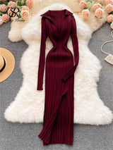 SINGREINY Women Korean Knitted Dress Long Sleeve V Neck Elastic Slim Pencil Dresses 2021 Autumn Sexy Bodycon Split Sweater Dress 13