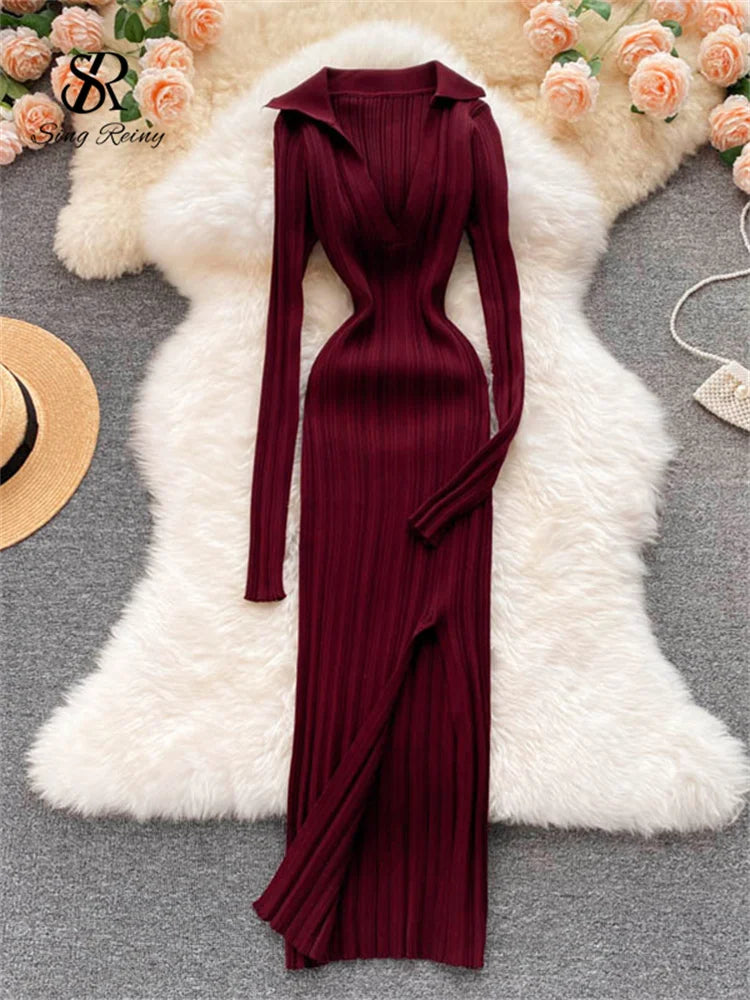 SINGREINY Women Korean Knitted Dress Long Sleeve V Neck Elastic Slim Pencil Dresses 2021 Autumn Sexy Bodycon Split Sweater Dress 13