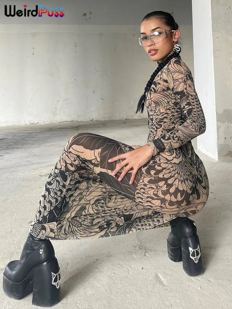 Mesh Print Women Maxi Dress Turtleneck Full Sleeve Bodycon Autumn Trendy Hipsters High Street Party Y2K Attirewear