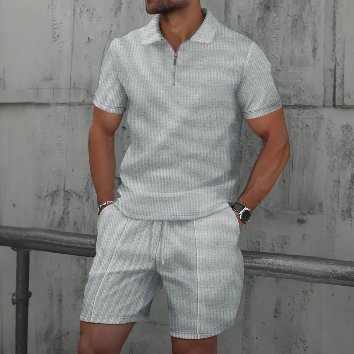 2025 Men Europe and the United States new summer Waffle solid color zip-up lapel short-sleeve suit shorts two sets 6