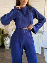 Home Suit Women Long Sleeve T Shirts Two Piece Sets Bodycon Blue Pleated Pants Set Streetwear Elegant Wide Trouser Suits 2023 1