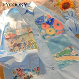 Yellow Oil Painting Print Shirts Women Spring Autumn Thin Loose Button Up Blouses Long Sleeved Oversize Shirt for Teenage Girls 3