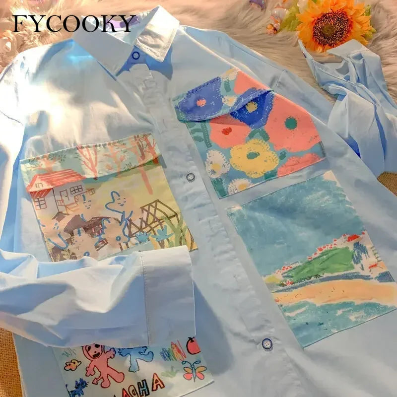 Yellow Oil Painting Print Shirts Women Spring Autumn Thin Loose Button Up Blouses Long Sleeved Oversize Shirt for Teenage Girls 3