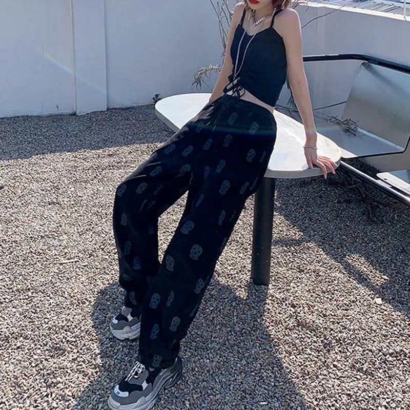 Pants Women Summer Ladies Full Length Trousers Loose High Waist Casual Skulls Drawstring Fashion Popular Preppy Korean Style 5