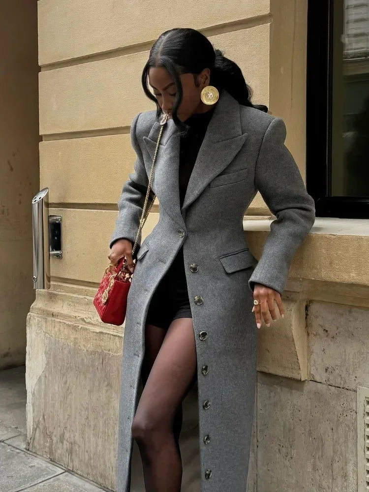 Fashion Waist Cinching Woolen Long Coats For Women Lapel Long Sleeve Single-breasted Shoulder Pad Coat New Lady Commuter Outwear 4