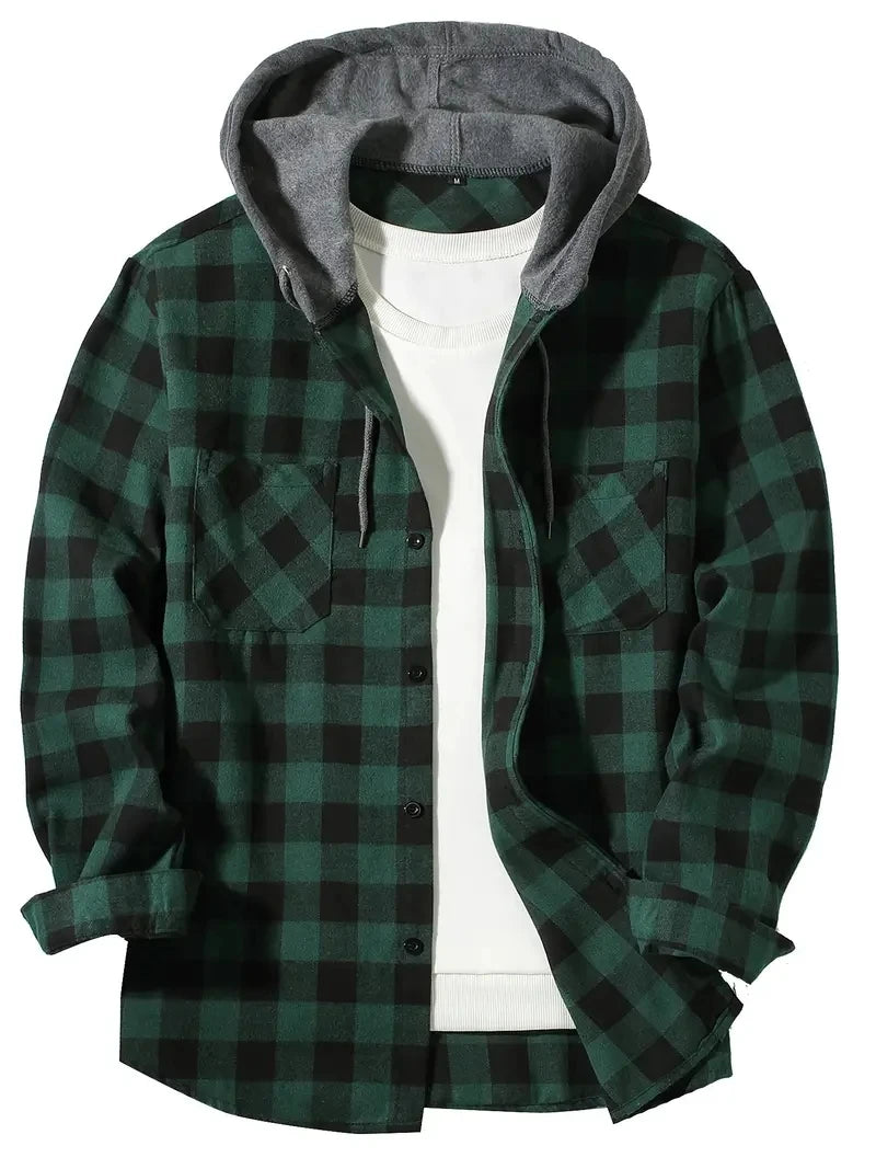 Youth Fashion Street Hooded Plaid Shirt Men's Slim Fit 2