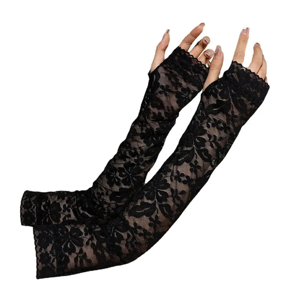 New Long Lace Hollow-Out Fingerless Gloves Sun Protection Sleeves Mesh Lace Thin Cycling Gloves 14