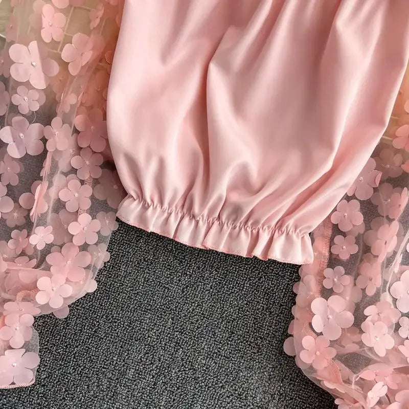 Flower Three-dimensional Decoration Slash Neck Long Sleeve Women's Blouse Shirt Korean Fashion Female Clothing Tops 2025 Summer 4