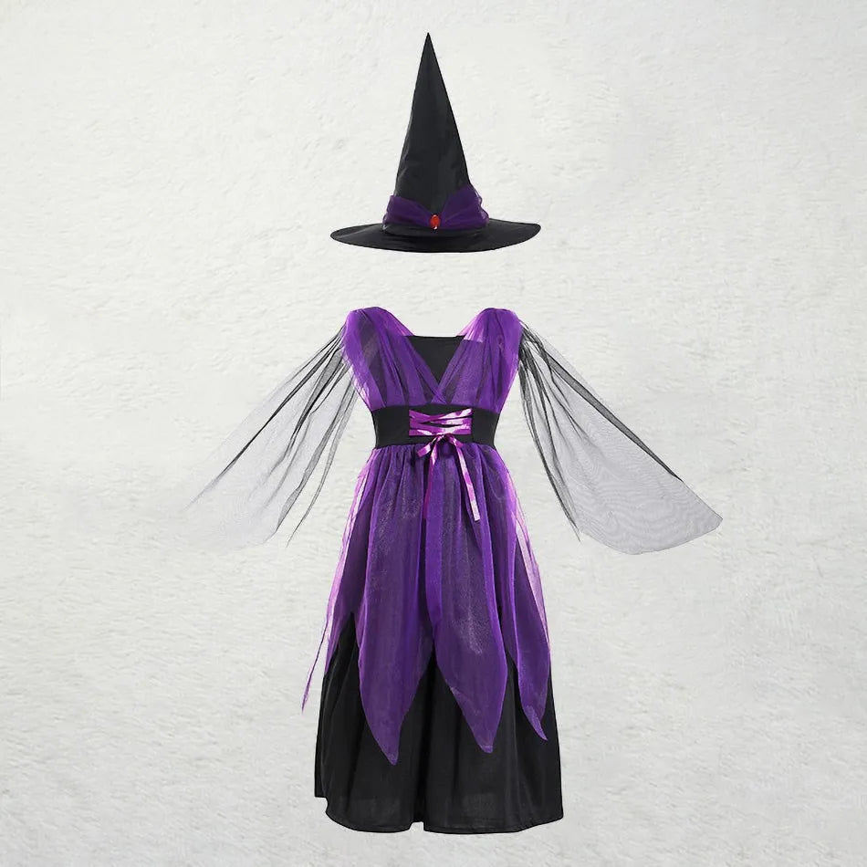 Children Witch Costume Girls Fairytale Wizard Dress Kids Halloween Pumpkin Clothes Baby Bat Spider Party Cosplay Outfit 2-15T 2