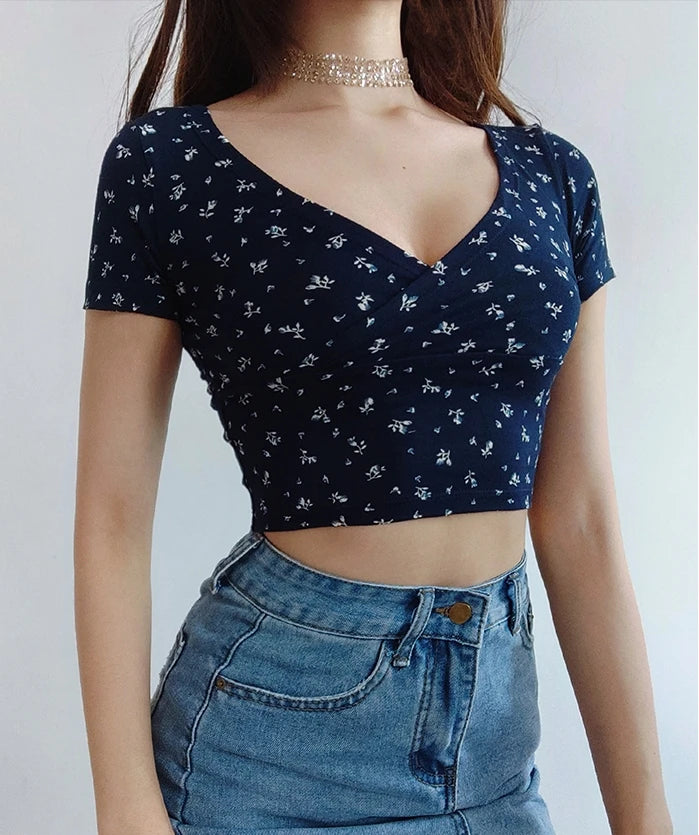 Y2K Vintage Floral Cross Crop Top T-shirt Women Cropped Slim Short Sleeve V-neck Sexy Summer Clothes Tee Shirt Femme Woman Tops 5