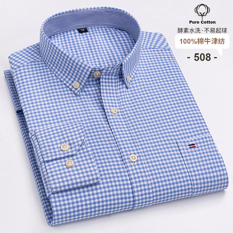 100-Cotton-Oxford-Men-s-Shirts-Long-Sleeves-Plaid-Soft-Regular-Fit-Formal-Dress-Shirt-Pocket