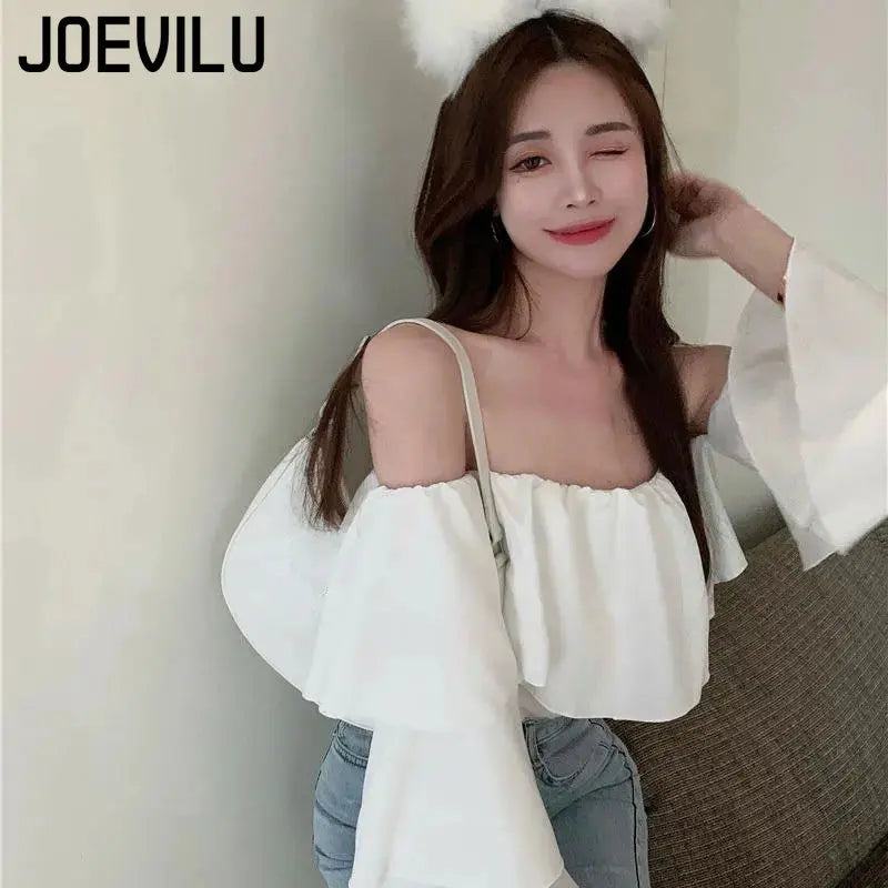 JOEVILU Chiffon Shirt Off Shoulder Ruffle White Blouse Spring and Summer Women's Casual Tops Ladies Korean Style Blusas Crop Top 5