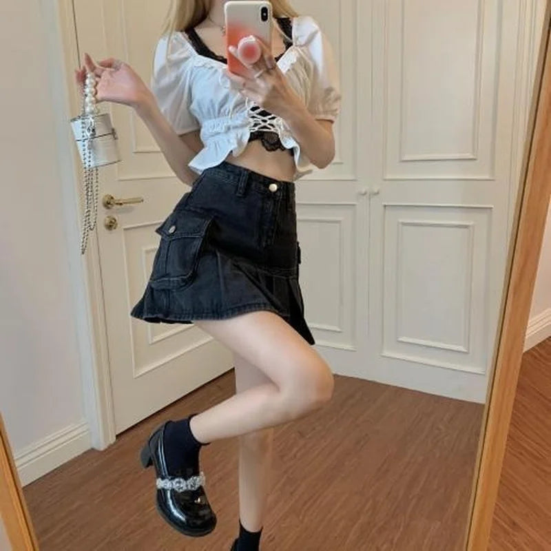 Skirts Women Summer High Waist Denim Mini Vintage Cargo Pockets Pleated Sexy Fashion Design Classy Cool Sweet College Streetwear 5
