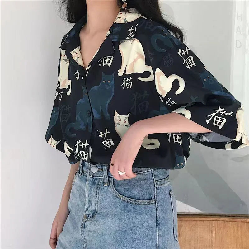 Women-s-Fashion-Casual-Loose-Short-Sleeve-Shirt-New-Summer-Retro-Hong-Kong-Style-T-shirt