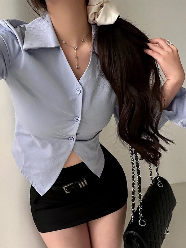 WOMENGAGA Spicy Girl Sexy Single Breasted Slim Polo Neck Long Sleeve Shirt Top Female Fashion Blouse Sweet Korean Women TCD0 9