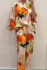 2 Piece Women's Printed Satin Pant Set - Round Neck 3/4 Sleeve Summer Outfit