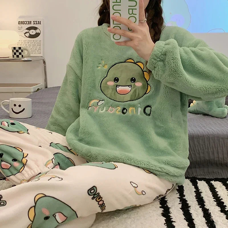 Autumn Winter New Warm Flannel Women's Pajamas Set Long-sleeved Trousers Two-piece Set Cute Soft Home Wear Clothes for Women 2