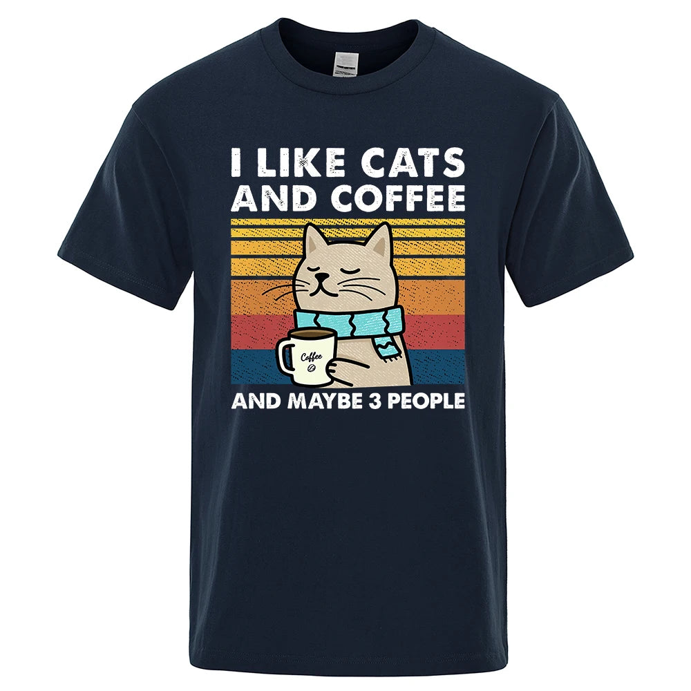 "I Like Cats and Coffee" Funny T-Shirt for Men | Casual Loose Fit Cotton Crewneck | Hip Hop Style