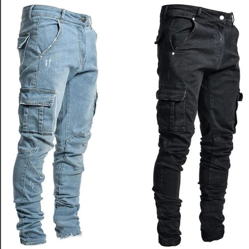 Men's Elastic Denim Cargo Joggers - Slim Fit Streetwear Pants with Multiple Pockets