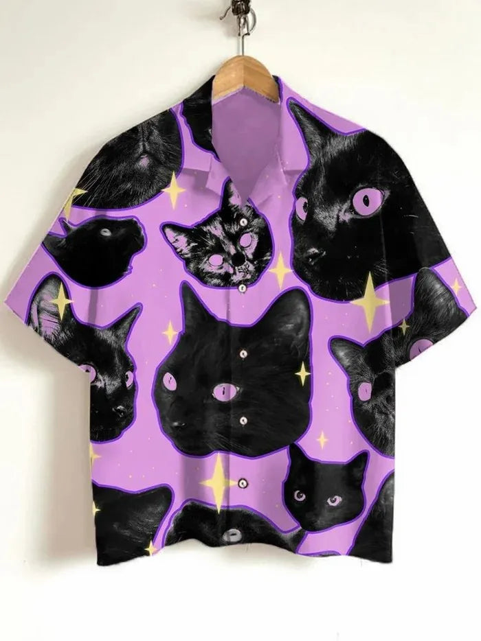 Men's Playful Cat Graphic Button-Down
