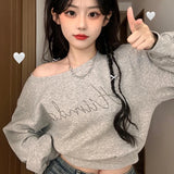 Women Hoodies Autumn Streetwear Off Shoulder Seductive Cropped All-match Sweatshirts Baggy Fashion Print Design Aesthetic Casual 5