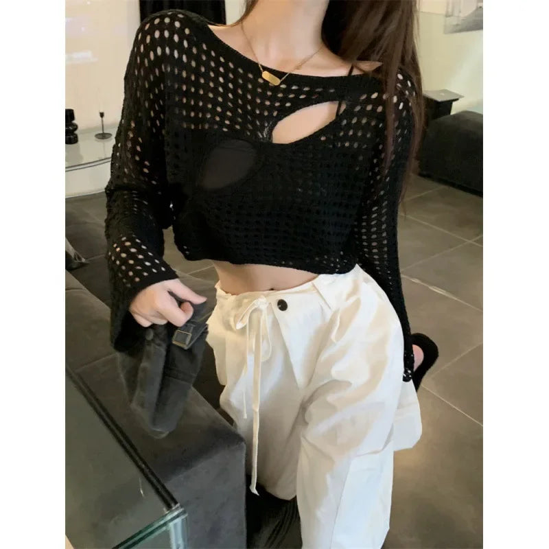 Y2K Hollow Out Crop Top Knitted Retro Long Sleeve T Shirt Women Summer Sun Protection Breathable Cardigans Patched Tee 5