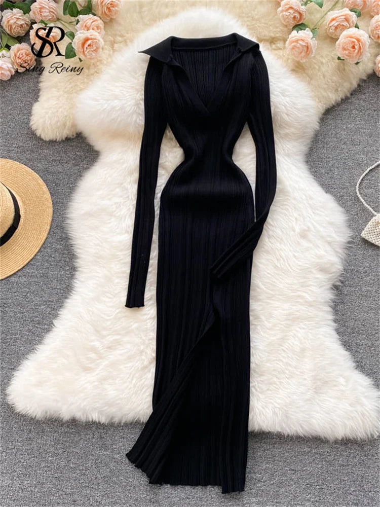SINGREINY Women Korean Knitted Dress Long Sleeve V Neck Elastic Slim Pencil Dresses 2021 Autumn Sexy Bodycon Split Sweater Dress 10